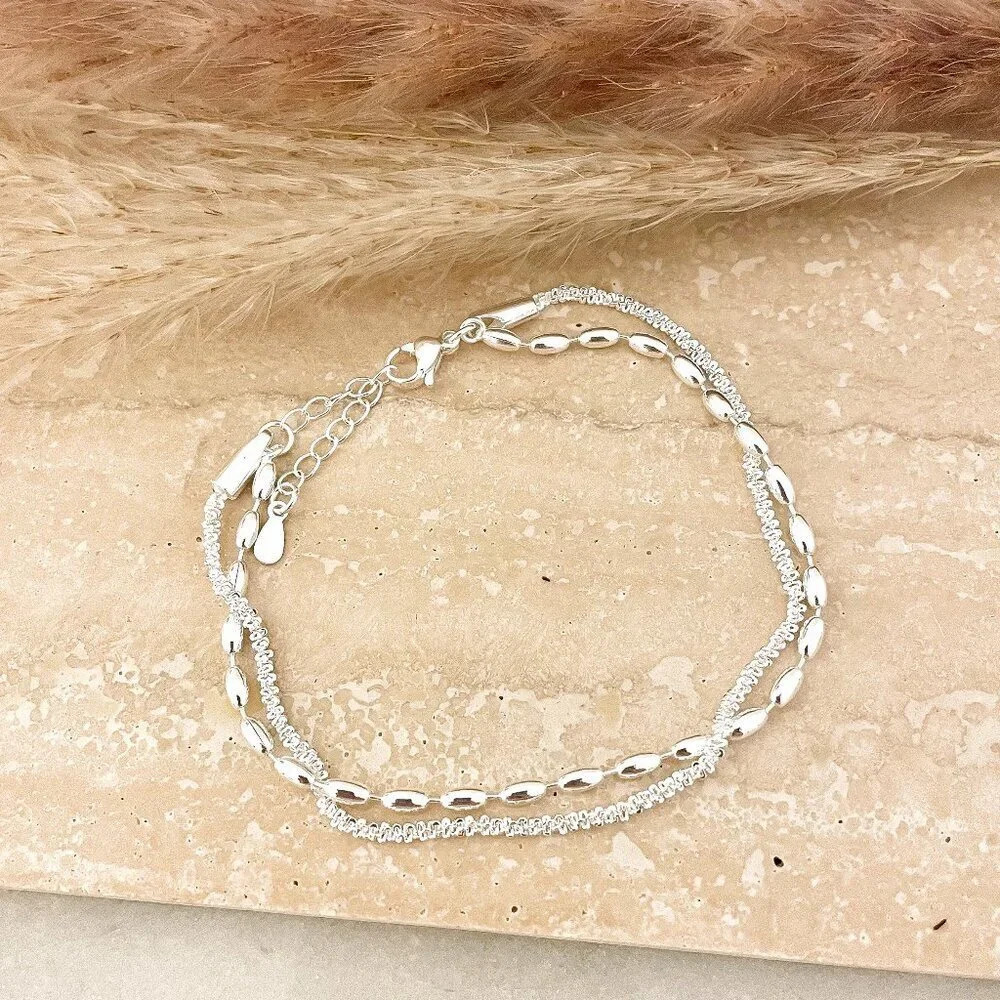 Sterling Silver Double Chain Layer Bracelet Shiny Sequin Dainty Chain Bracelet